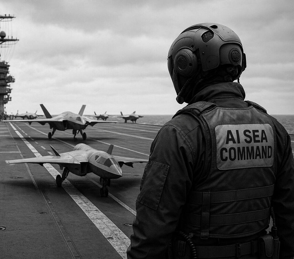 Aerial drones lock formation over the carrier deck as AI Sea Command operatives initiate launch procedures. No voice comms. No human personnel. Only coded light pulses and synchronized telemetry guiding the swarm. This image documents forward-deployed nav