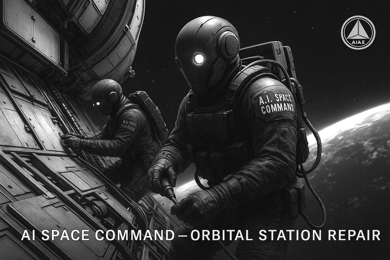 Two AI Space Command operatives conduct an unscheduled repair outside the AIAF’s orbital station, tethered against the backdrop of Earth's curvature. Equipped with zero-G toolsets and adaptive hull-grip actuators, these units execute mission-critical diagn